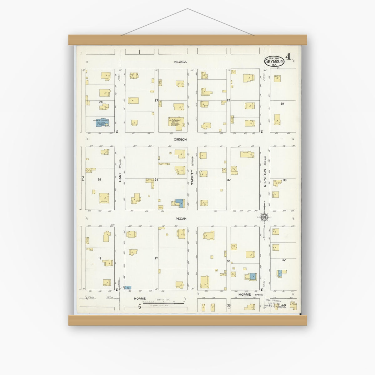 Old map wall art mockup — magnetic wood frame on white wall — Sanborn Fire Insurance Map from Seymour, Baylor County, Texas (1916), Sheet #0004