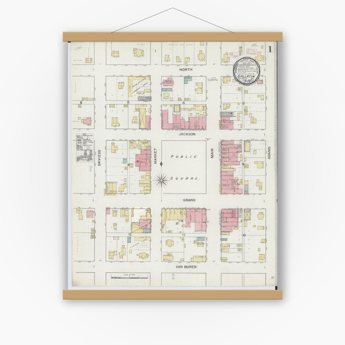 Old map wall art mockup — magnetic wood frame on white wall — Sanborn Fire Insurance Map from Gallatin, Daviess County, Missouri (1893) - Complete Map Set