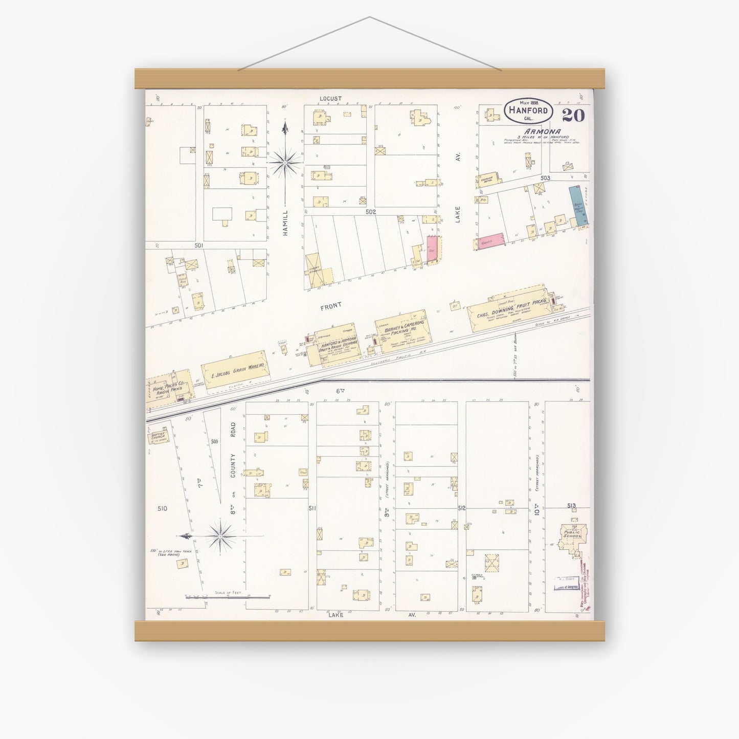 Old map wall art mockup — magnetic wood frame on white wall — Sanborn Fire Insurance Map from Hanford, Kings County, California (1898), Sheet #0020
