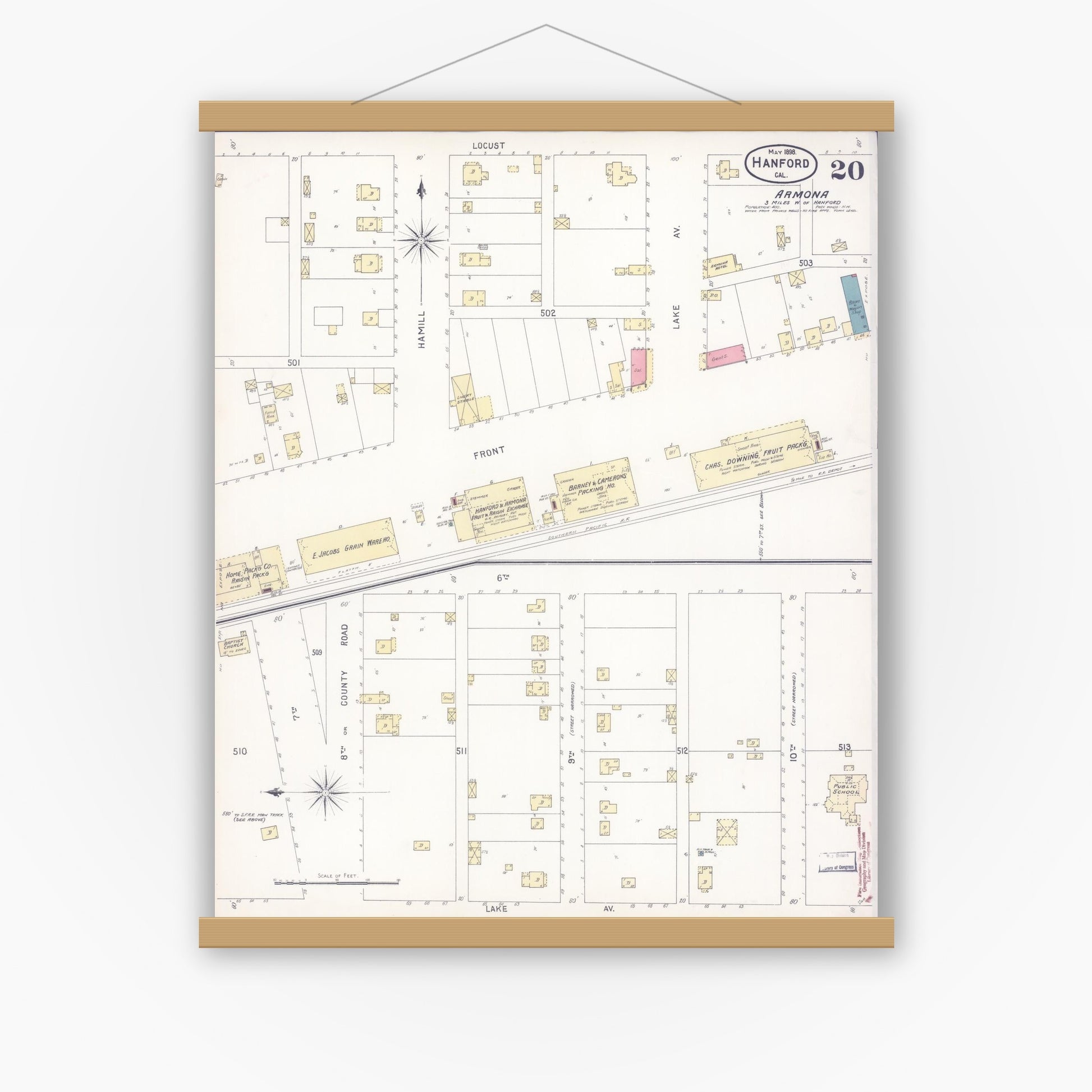Old map wall art mockup — magnetic wood frame on white wall — Sanborn Fire Insurance Map from Hanford, Kings County, California (1898), Sheet #0020