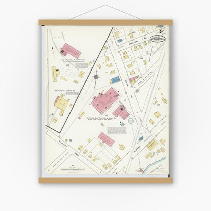 Old map wall art mockup — magnetic wood frame on white wall — Sanborn Fire Insurance Map from Cuyahoga Falls, Summit County, Ohio (1916), Sheet #0009