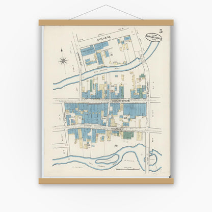 Old map wall art mockup — magnetic wood frame on white wall — Sanborn Fire Insurance Map from San Antonio, Bexar County, Texas (1885), Sheet #0005