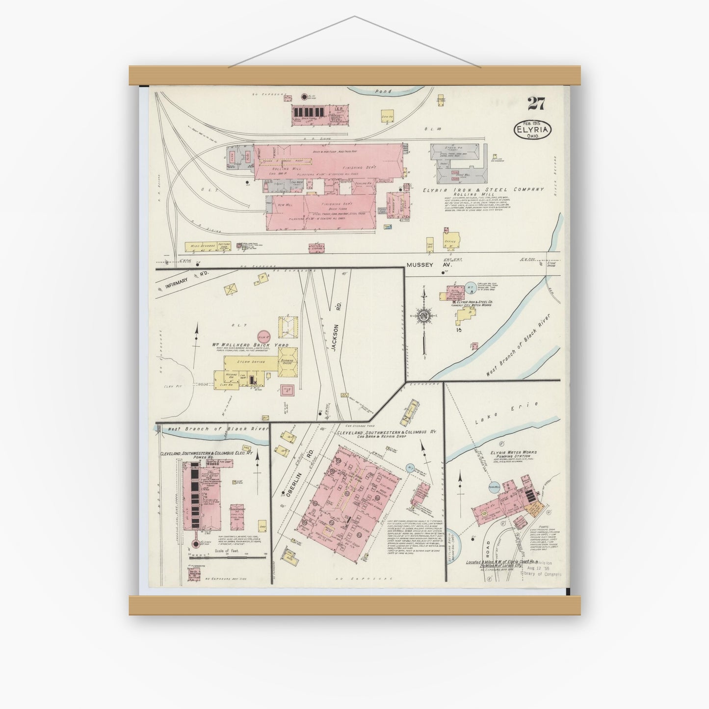 Old map wall art mockup — magnetic wood frame on white wall — Sanborn Fire Insurance Map from Elyria, Lorain County, Ohio (1915), Sheet #0027
