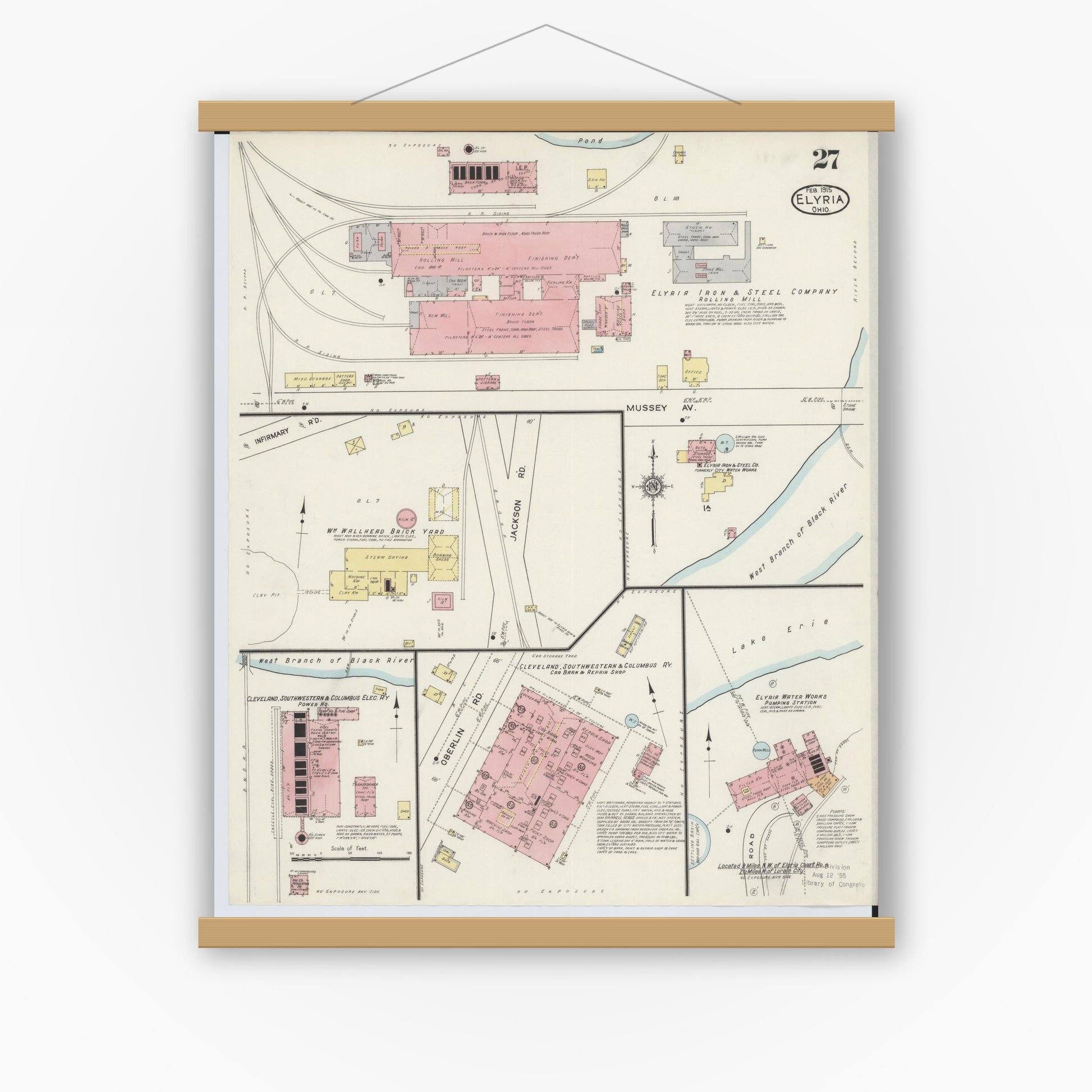 Old map wall art mockup — magnetic wood frame on white wall — Sanborn Fire Insurance Map from Elyria, Lorain County, Ohio (1915), Sheet #0027