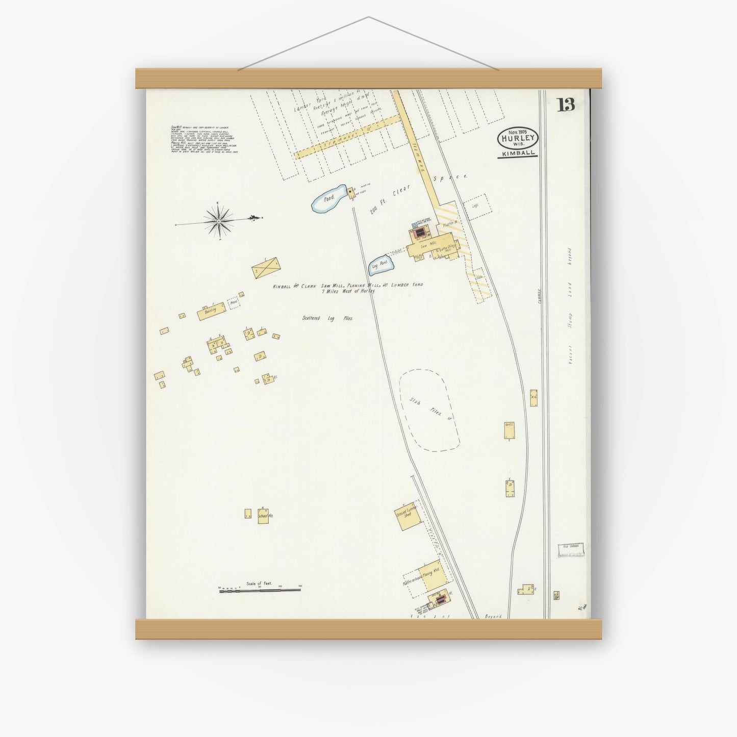 Old map wall art mockup — magnetic wood frame on white wall — Sanborn Fire Insurance Map from Hurley, Iron County, Wisconsin (1905), Sheet #0013