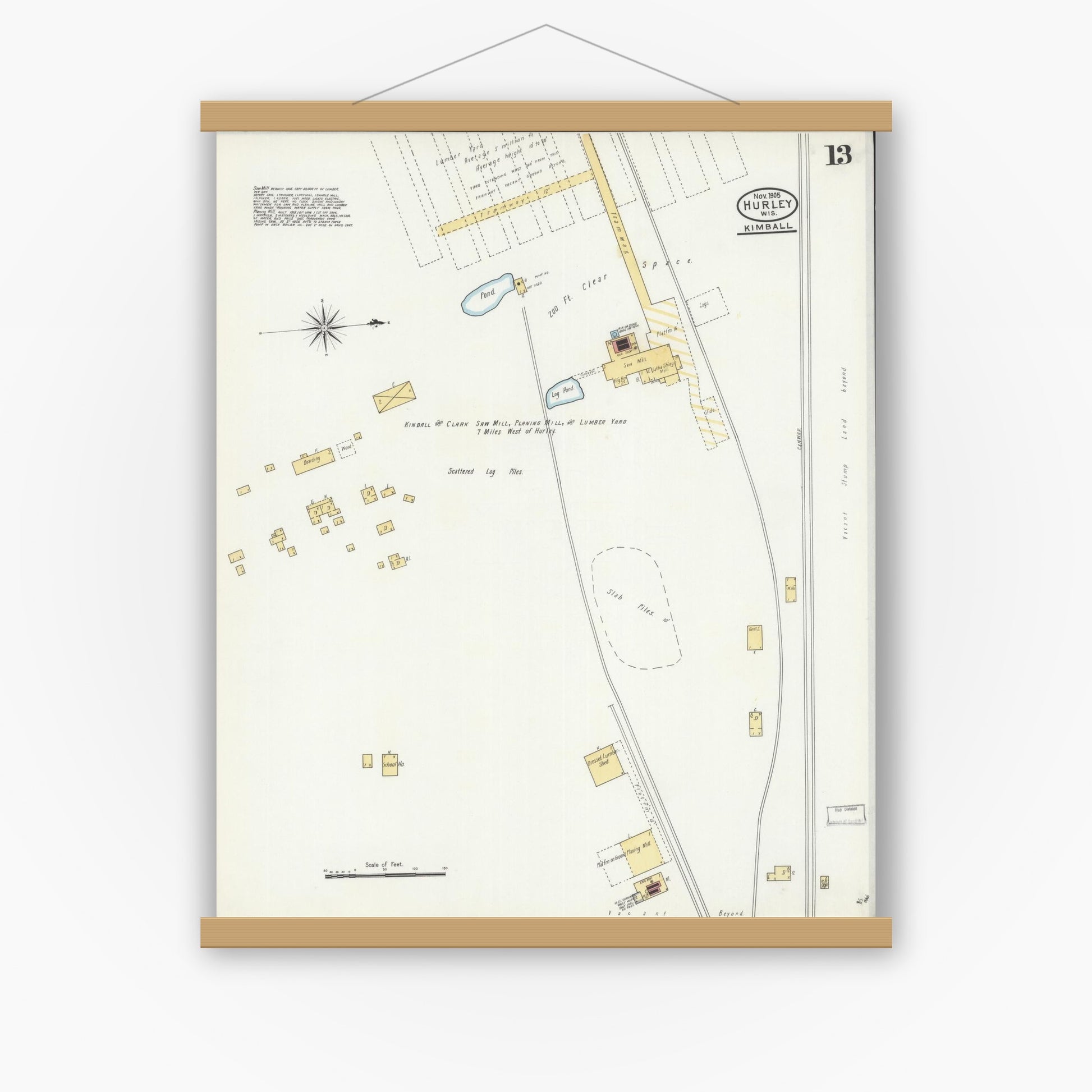 Old map wall art mockup — magnetic wood frame on white wall — Sanborn Fire Insurance Map from Hurley, Iron County, Wisconsin (1905), Sheet #0013