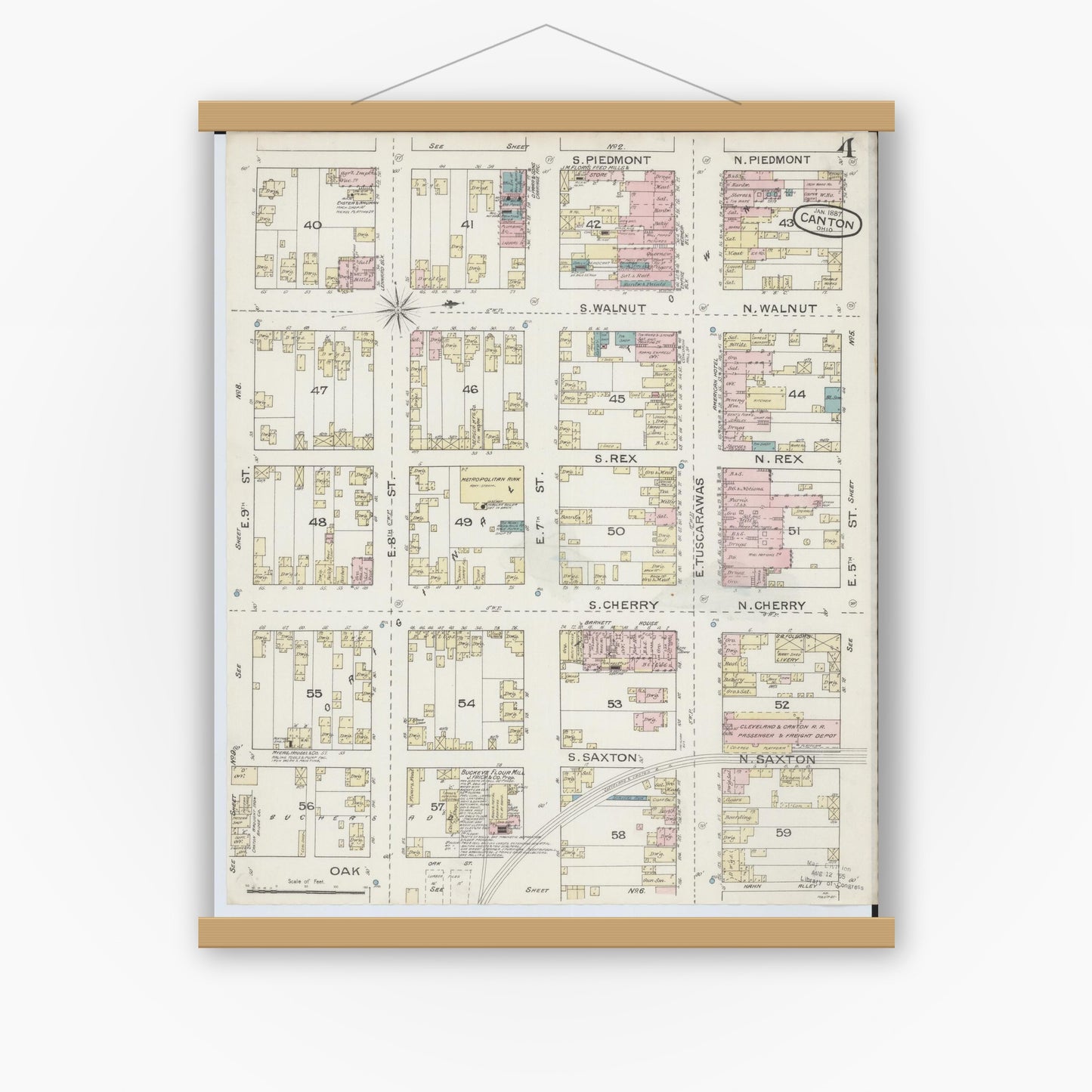 Old map wall art mockup — magnetic wood frame on white wall — Sanborn Fire Insurance Map from Canton, Stark County, Ohio (1887), Sheet #0004