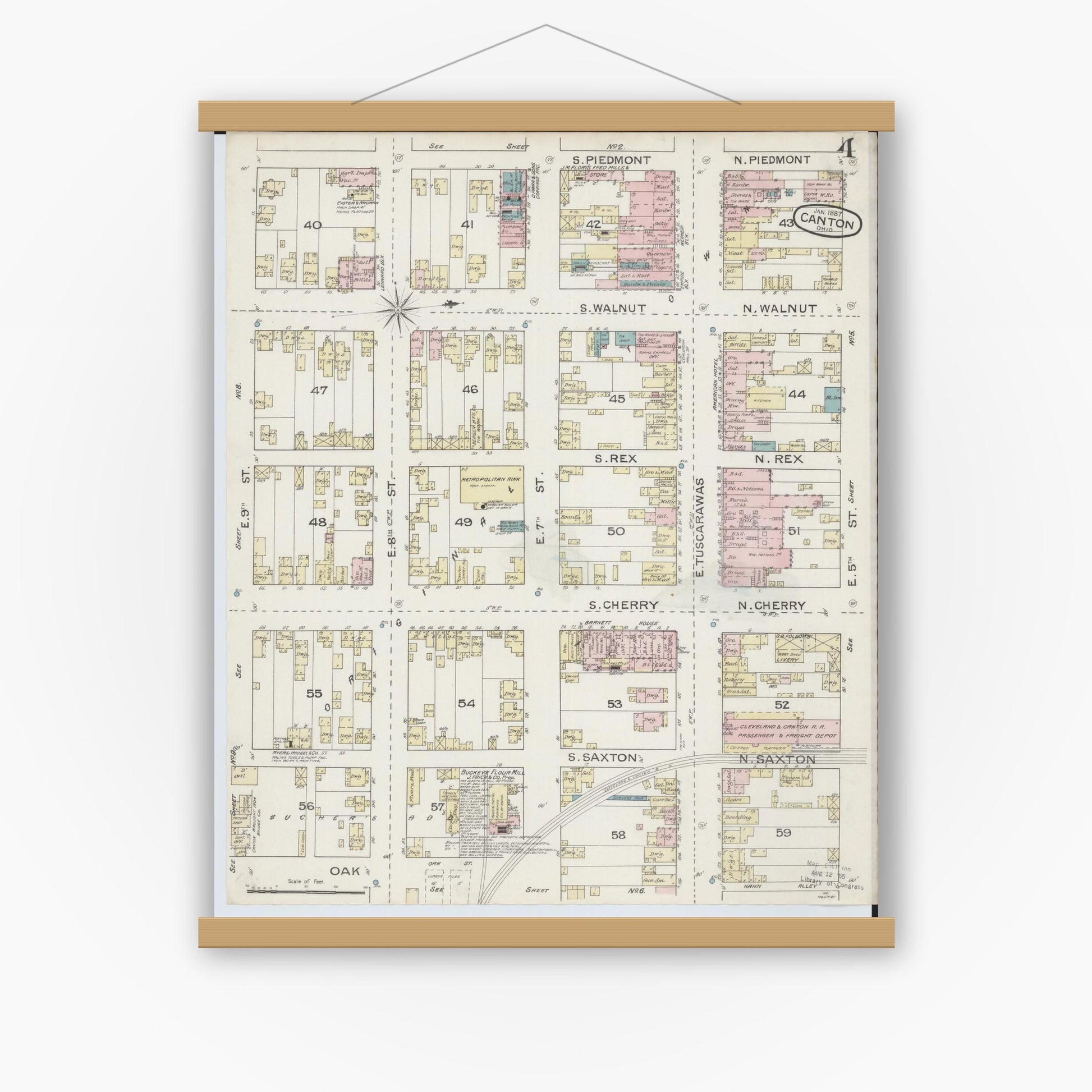 Old map wall art mockup — magnetic wood frame on white wall — Sanborn Fire Insurance Map from Canton, Stark County, Ohio (1887), Sheet #0004
