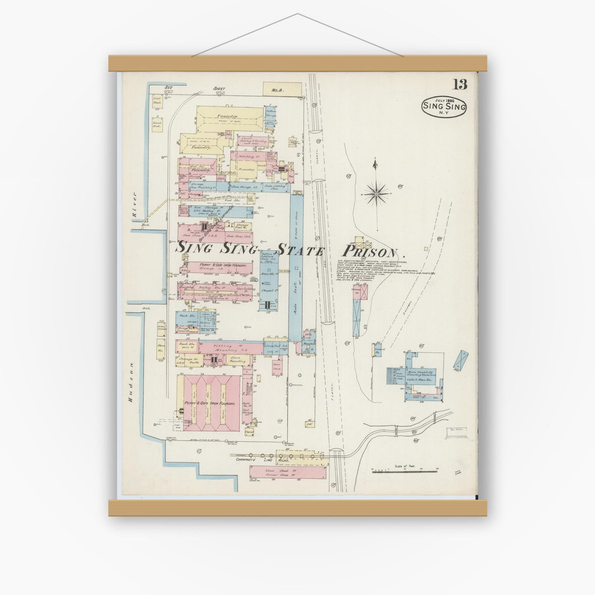 Old map wall art mockup — magnetic wood frame on white wall — Sanborn Fire Insurance Map from Sing Sing, Westchester County, New York (1886), Sheet #0013