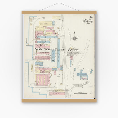 Old map wall art mockup — magnetic wood frame on white wall — Sanborn Fire Insurance Map from Sing Sing, Westchester County, New York (1886), Sheet #0013