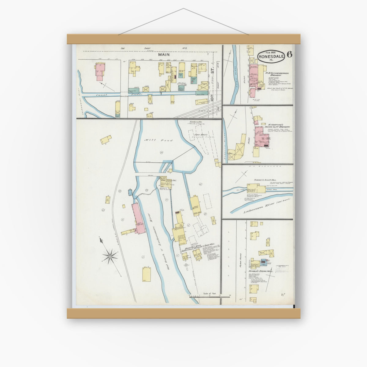 Old map wall art mockup — magnetic wood frame on white wall — Sanborn Fire Insurance Map from Honesdale, Wayne County, Pennsylvania (1892), Sheet #0006