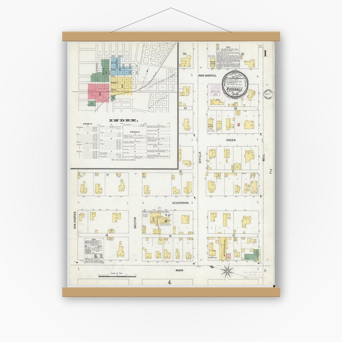 Old map wall art mockup — magnetic wood frame on white wall — Sanborn Fire Insurance Map from Rockdale, Milam County, Texas (1901) - Complete Map Set