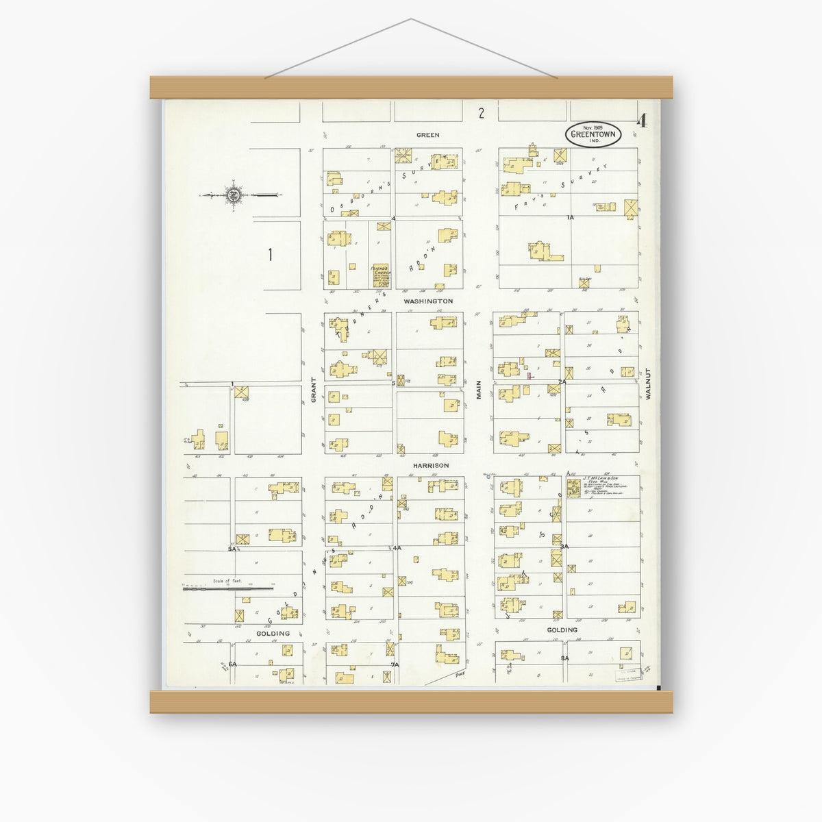Old map wall art mockup — magnetic wood frame on white wall — Sanborn Fire Insurance Map from Greentown, Howard County, Indiana (1909), Sheet #0004