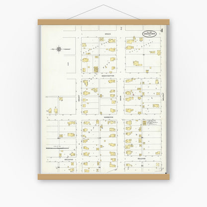 Old map wall art mockup — magnetic wood frame on white wall — Sanborn Fire Insurance Map from Greentown, Howard County, Indiana (1909), Sheet #0004