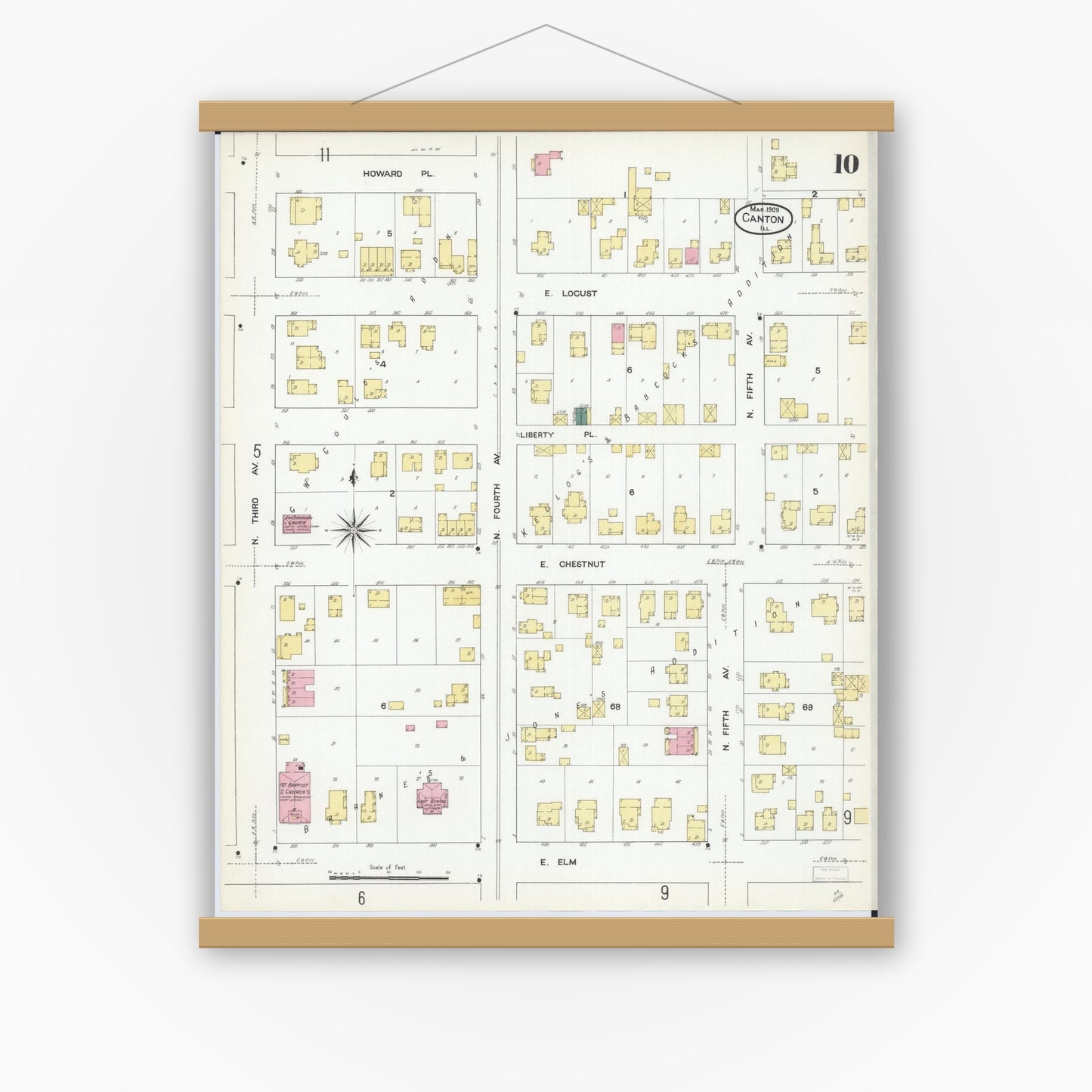 Old map wall art mockup — magnetic wood frame on white wall — Sanborn Fire Insurance Map from Canton, Fulton County, Illinois (1909), Sheet #0010