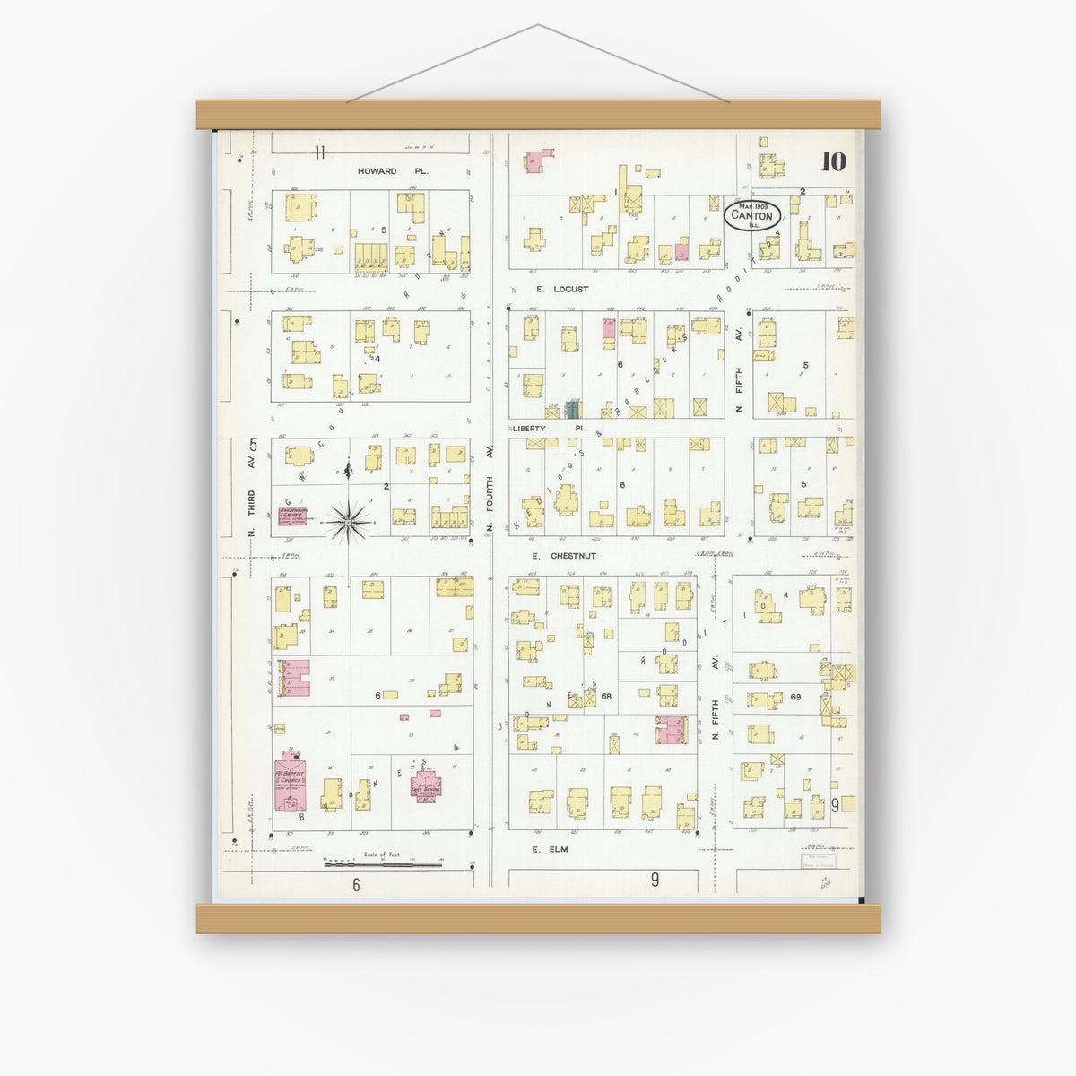 Old map wall art mockup — magnetic wood frame on white wall — Sanborn Fire Insurance Map from Canton, Fulton County, Illinois (1909), Sheet #0010