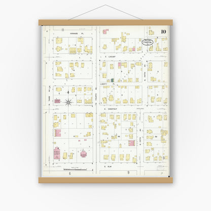 Old map wall art mockup — magnetic wood frame on white wall — Sanborn Fire Insurance Map from Canton, Fulton County, Illinois (1909), Sheet #0010