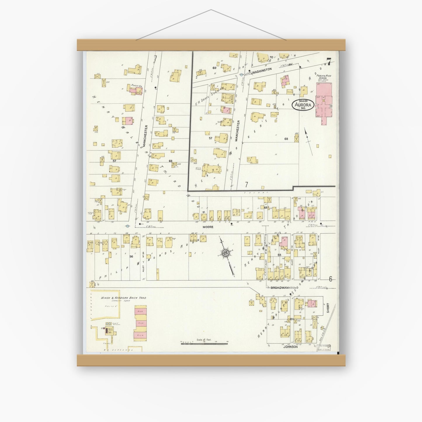 Old map wall art mockup — magnetic wood frame on white wall — Sanborn Fire Insurance Map from Aurora, Dearborn County, Indiana (1911), Sheet #0007