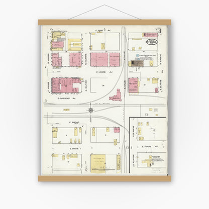 Old map wall art mockup — magnetic wood frame on white wall — Sanborn Fire Insurance Map from Terrell, Kaufman County, Texas (1921), Sheet #0004