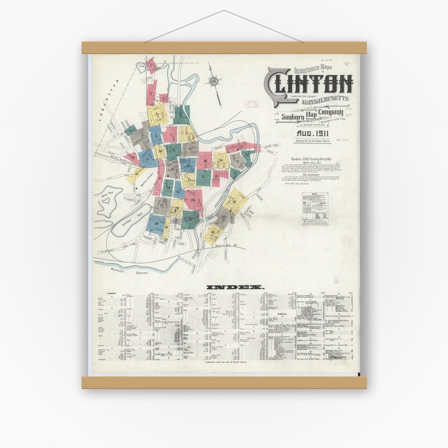 Old map wall art mockup — magnetic wood frame on white wall — Sanborn Fire Insurance Map from Clinton, Worcester County, Massachusetts (1911), Sheet #0001