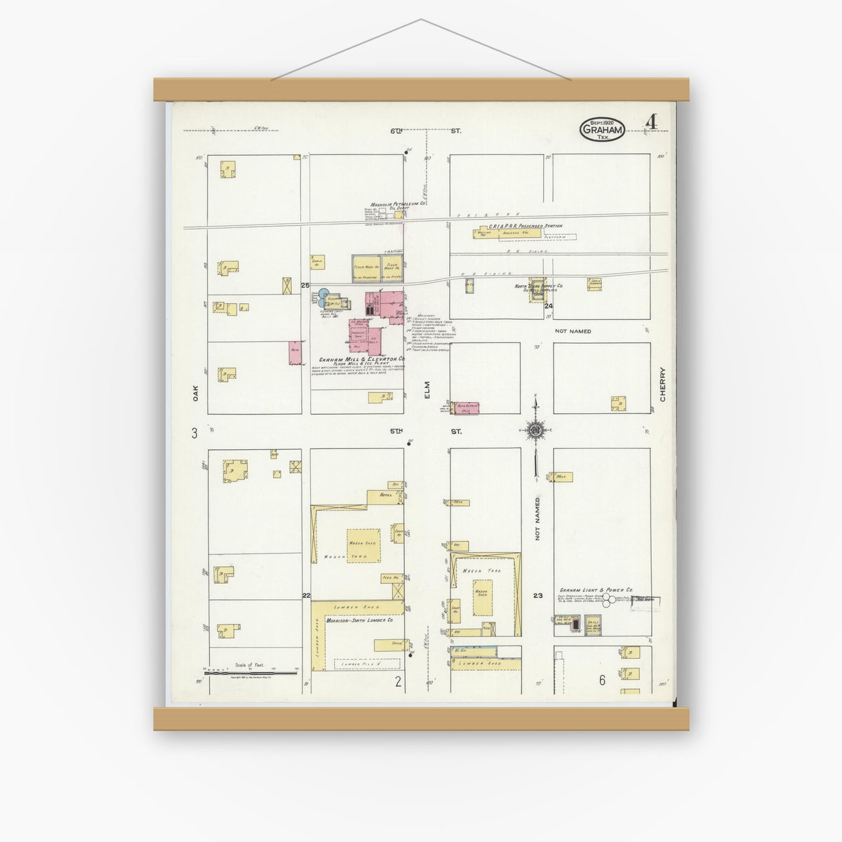 Old map wall art mockup — magnetic wood frame on white wall — Sanborn Fire Insurance Map from Graham, Young County, Texas (1920), Sheet #0004