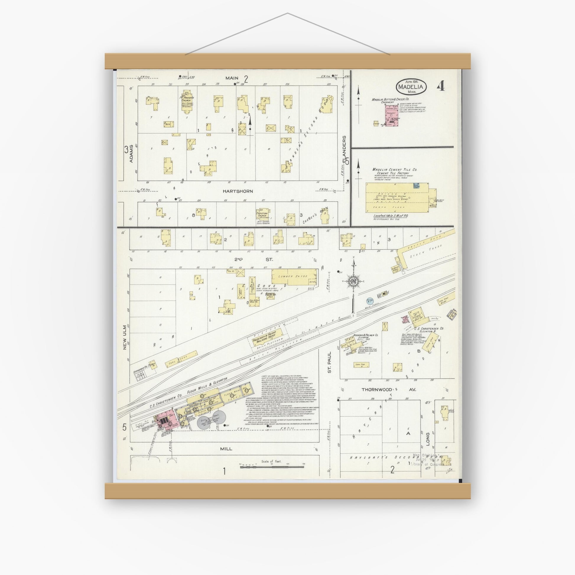 Old map wall art mockup — magnetic wood frame on white wall — Sanborn Fire Insurance Map from Madelia, Watonwan County, Minnesota (1914), Sheet #0004