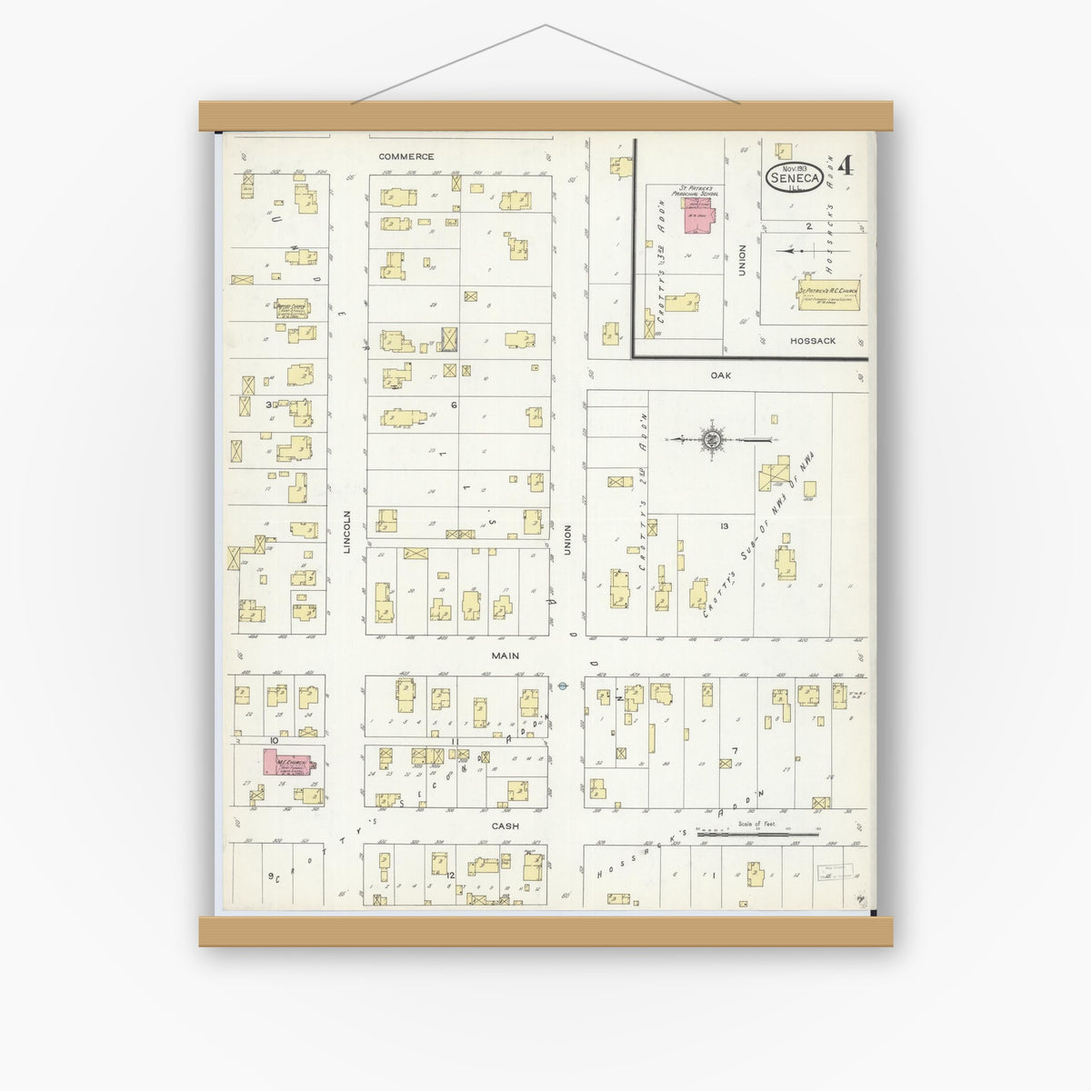 Old map wall art mockup — magnetic wood frame on white wall — Sanborn Fire Insurance Map from Seneca, La Salle County, Illinois (1913), Sheet #0004