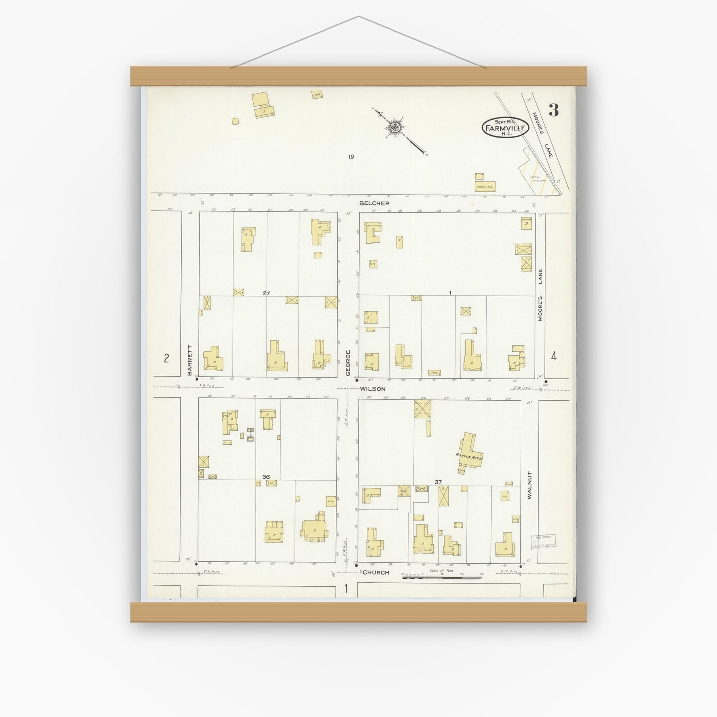 Old map wall art mockup — magnetic wood frame on white wall — Sanborn Fire Insurance Map from Farmville, Pitt County, North Carolina (1915), Sheet #0003