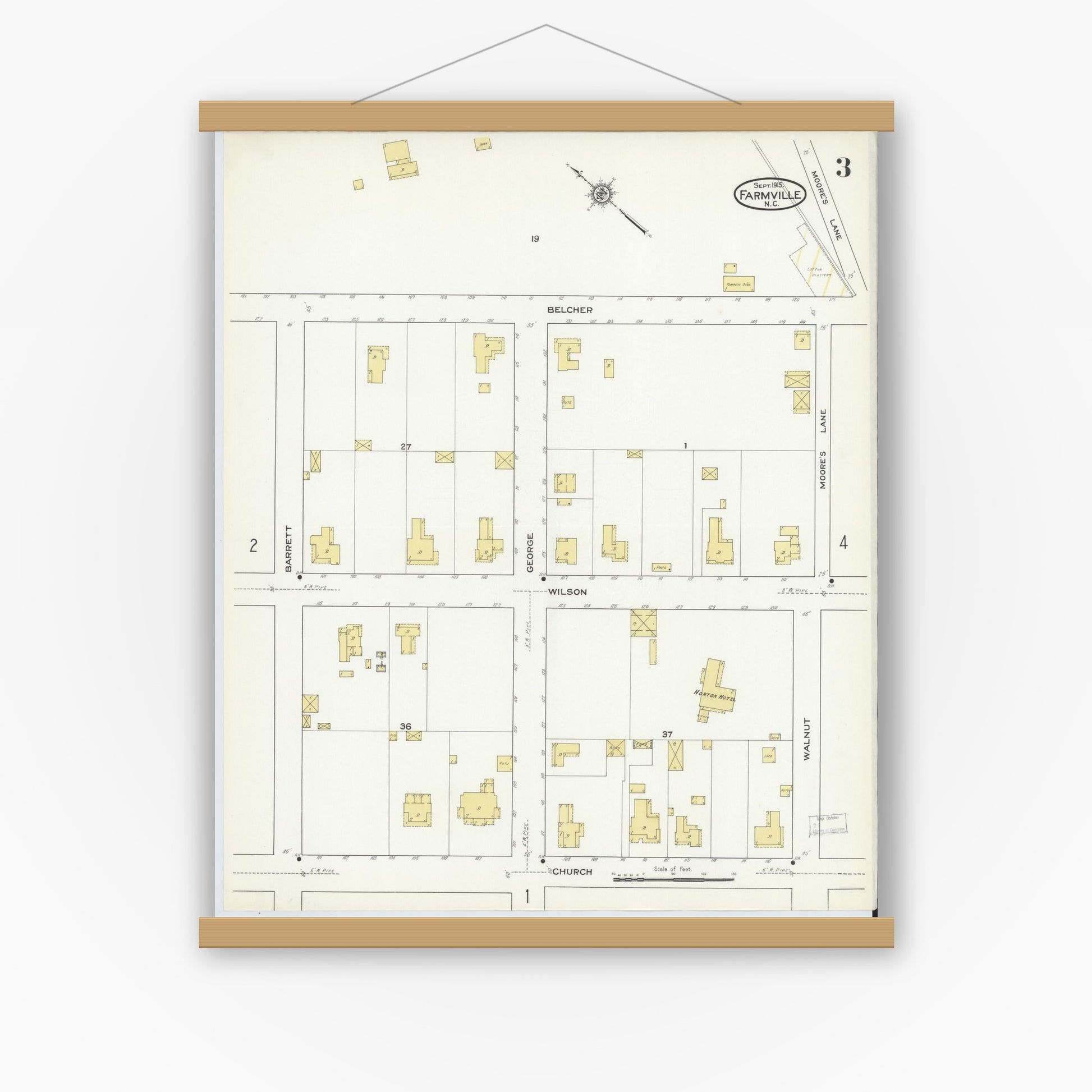 Old map wall art mockup — magnetic wood frame on white wall — Sanborn Fire Insurance Map from Farmville, Pitt County, North Carolina (1915), Sheet #0003