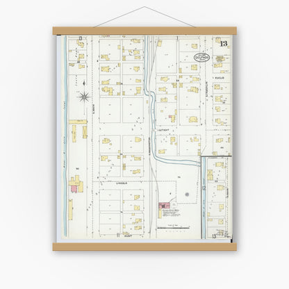 Old map wall art mockup — magnetic wood frame on white wall — Sanborn Fire Insurance Map from Delphos, Van Wert And Allen Counties, Ohio (1904), Sheet #0013