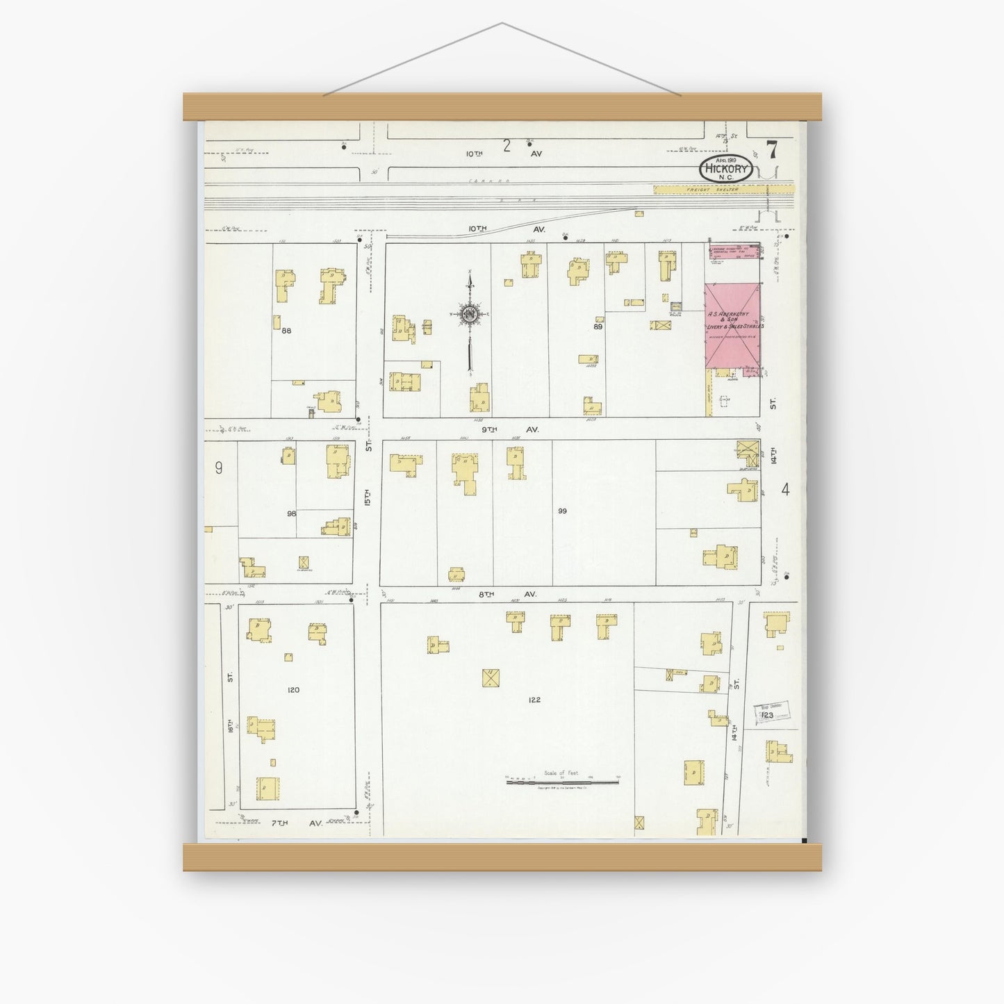 Old map wall art mockup — magnetic wood frame on white wall — Sanborn Fire Insurance Map from Hickory, Catawba County, North Carolina (1919), Sheet #0007