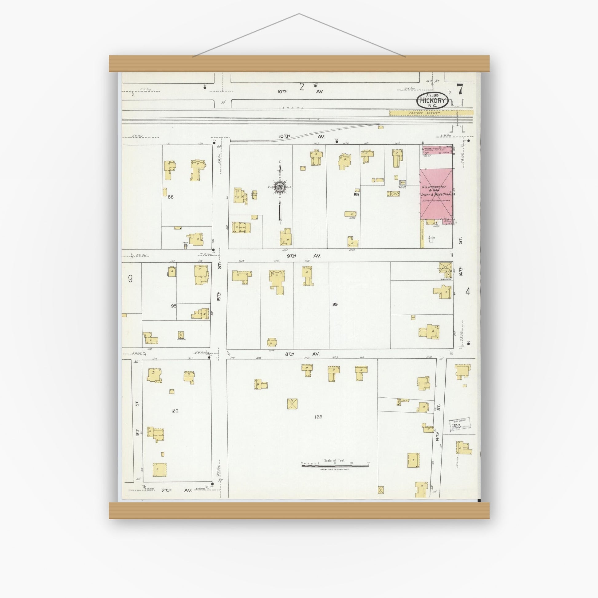 Old map wall art mockup — magnetic wood frame on white wall — Sanborn Fire Insurance Map from Hickory, Catawba County, North Carolina (1919), Sheet #0007