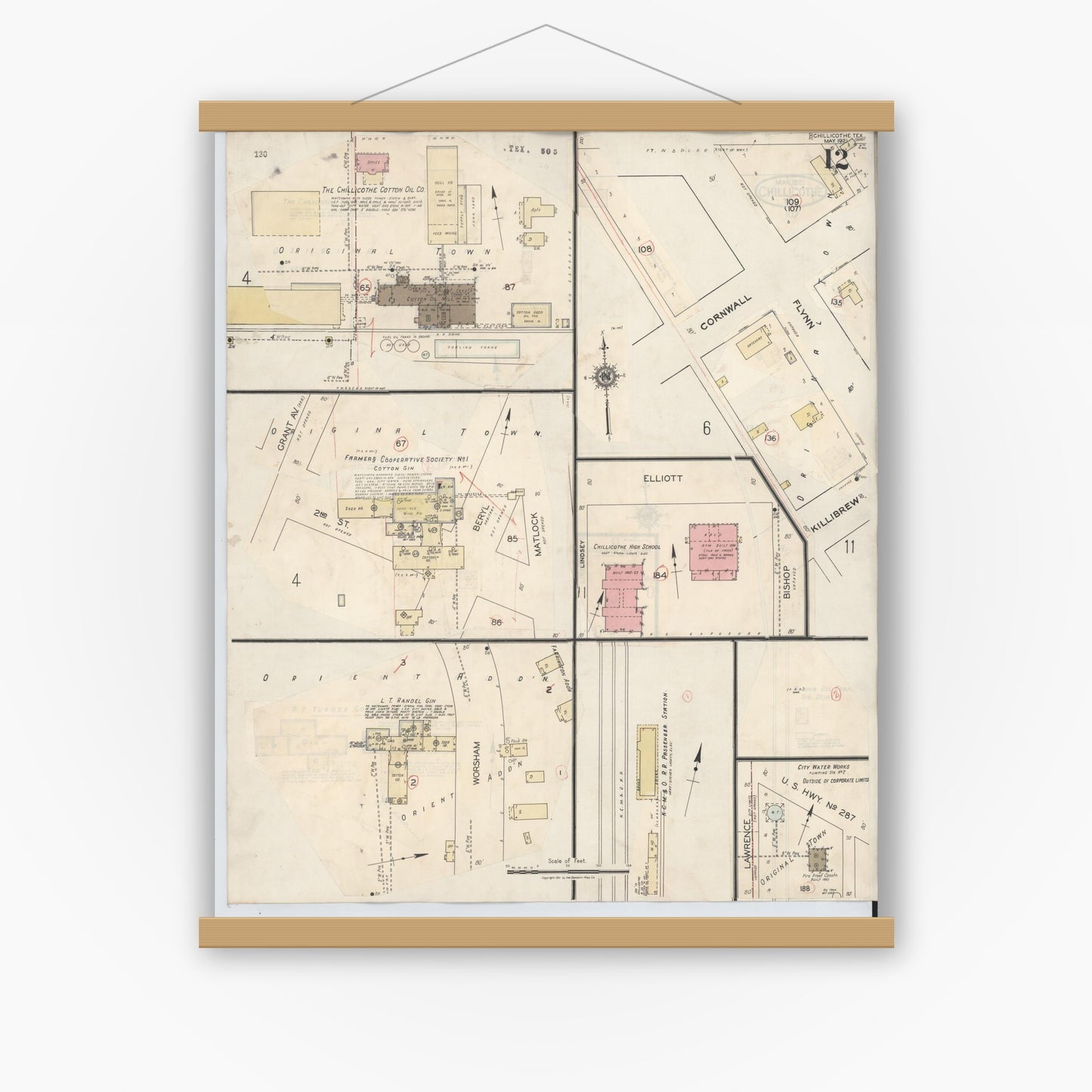 Old map wall art mockup — magnetic wood frame on white wall — Sanborn Fire Insurance Map from Chillicothe, Hardeman County, Texas (1941), Sheet #0012