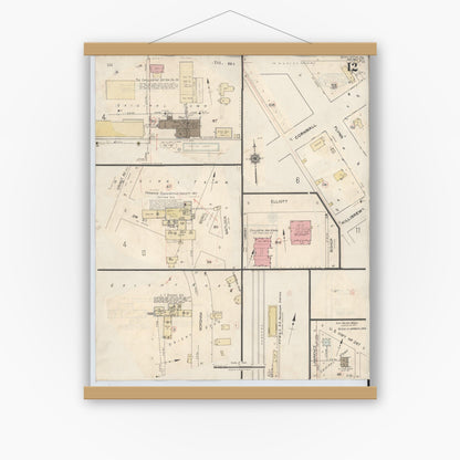Old map wall art mockup — magnetic wood frame on white wall — Sanborn Fire Insurance Map from Chillicothe, Hardeman County, Texas (1941), Sheet #0012