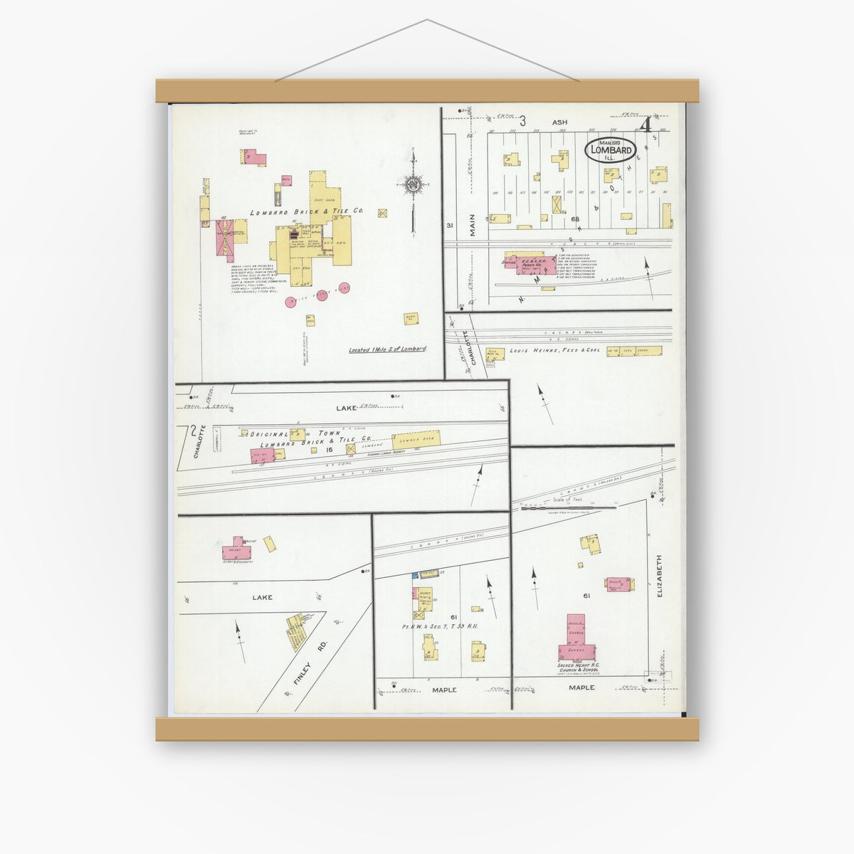Old map wall art mockup — magnetic wood frame on white wall — Sanborn Fire Insurance Map from Lombard, Du Page County, Illinois (1919), Sheet #0004