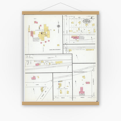 Old map wall art mockup — magnetic wood frame on white wall — Sanborn Fire Insurance Map from Lombard, Du Page County, Illinois (1919), Sheet #0004