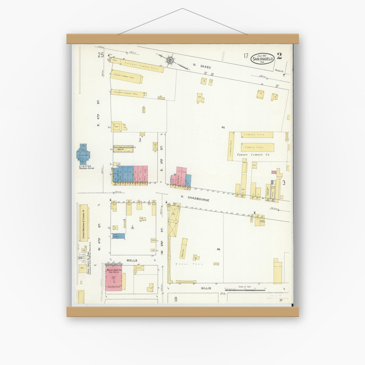 Old map wall art mockup — magnetic wood frame on white wall — Sanborn Fire Insurance Map from San Angelo, Tom Green County, Texas (1913), Sheet #0002