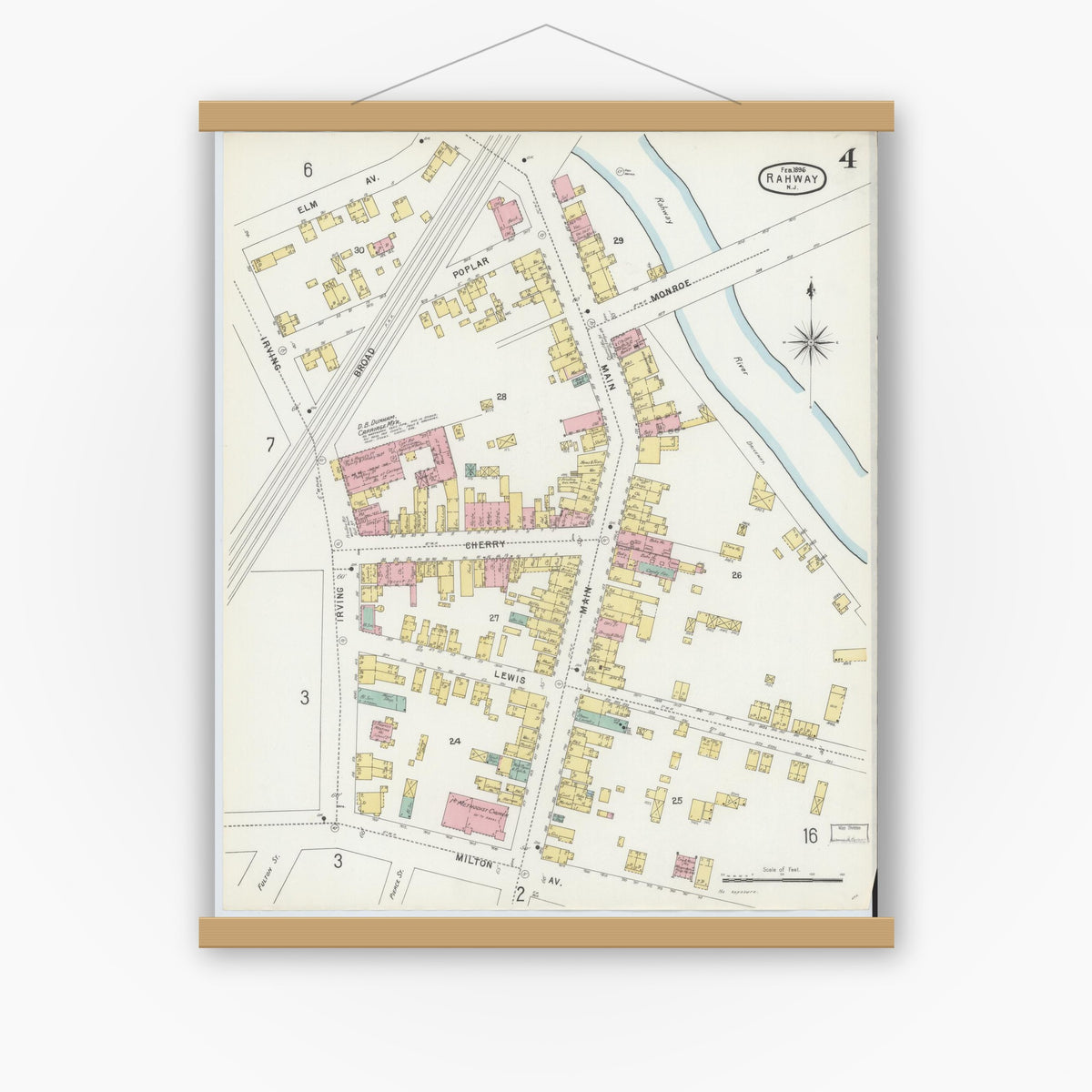Old map wall art mockup — magnetic wood frame on white wall — Sanborn Fire Insurance Map from Rahway, Union County, New Jersey (1896), Sheet #0004
