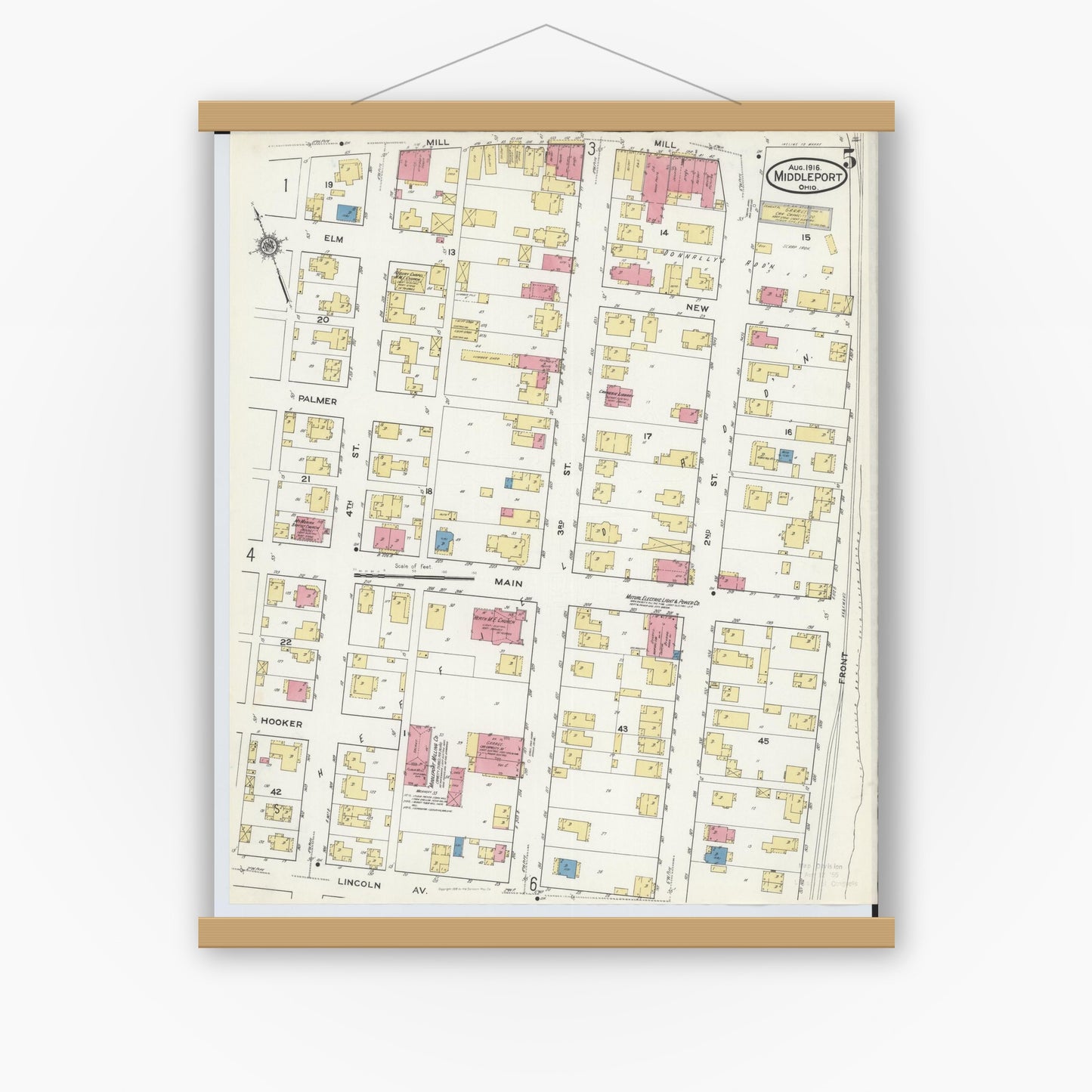 Old map wall art mockup — magnetic wood frame on white wall — Sanborn Fire Insurance Map from Middleport, Meigs County, Ohio (1916), Sheet #0005