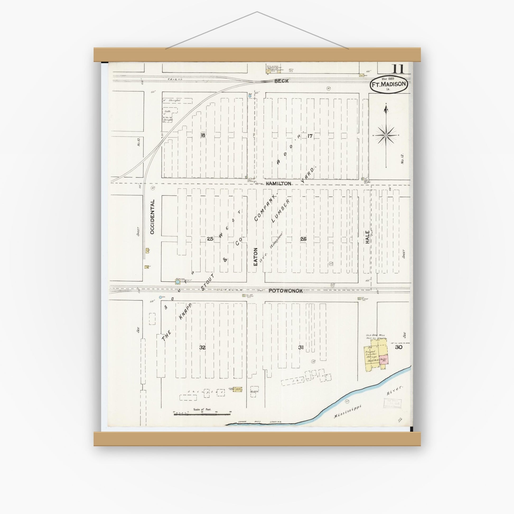Old map wall art mockup — magnetic wood frame on white wall — Sanborn Fire Insurance Map from Fort Madison, Lee County, Iowa (1889), Sheet #0011