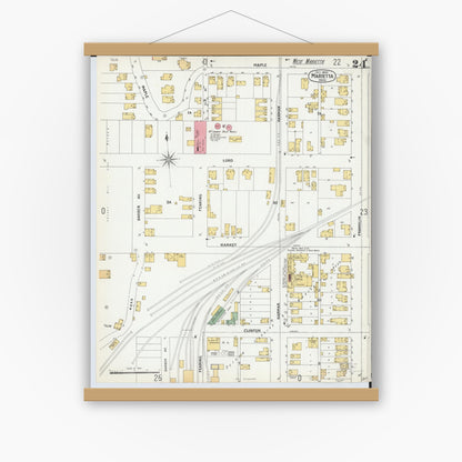 Old map wall art mockup — magnetic wood frame on white wall — Sanborn Fire Insurance Map from Marietta, Washington County, Ohio (1900), Sheet #0024