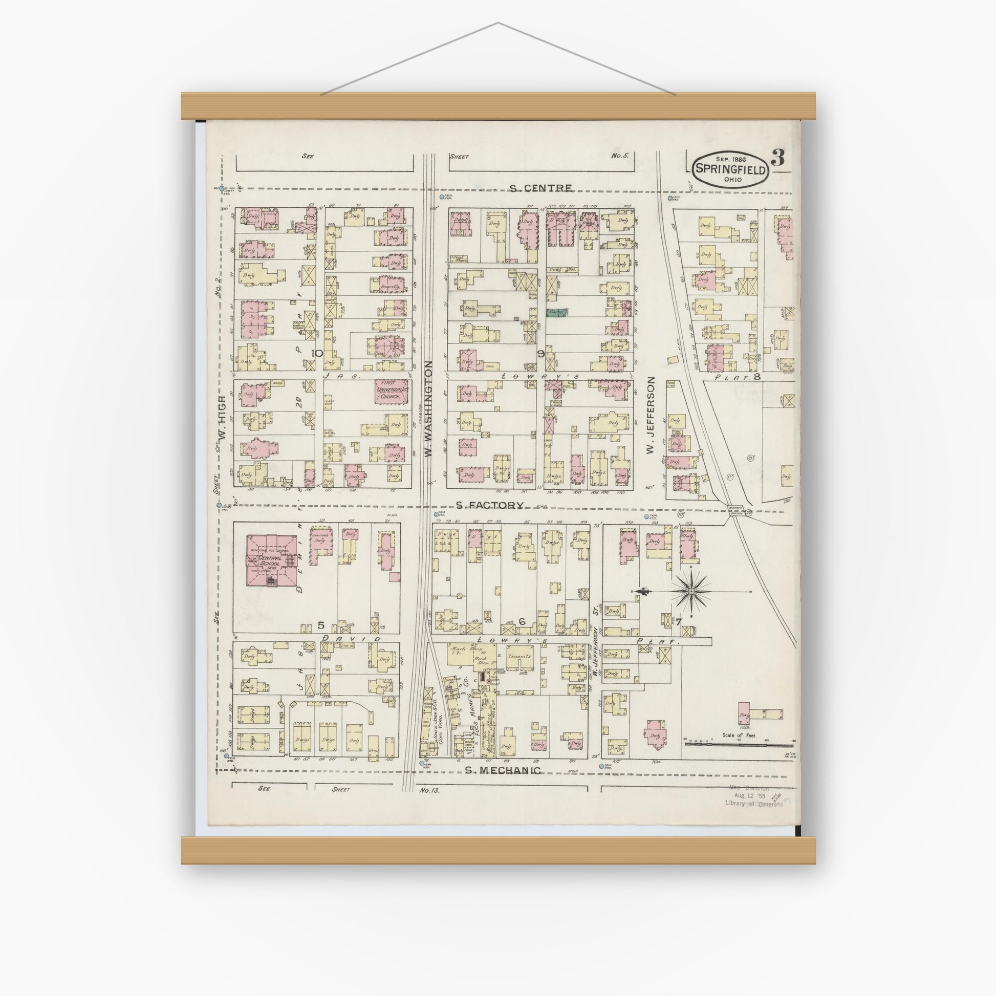 Old map wall art mockup — magnetic wood frame on white wall — Sanborn Fire Insurance Map from Springfield, Clark County, Ohio (1886), Sheet #0003