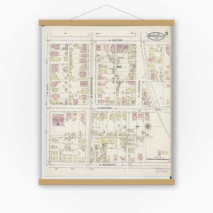 Old map wall art mockup — magnetic wood frame on white wall — Sanborn Fire Insurance Map from Springfield, Clark County, Ohio (1886), Sheet #0003