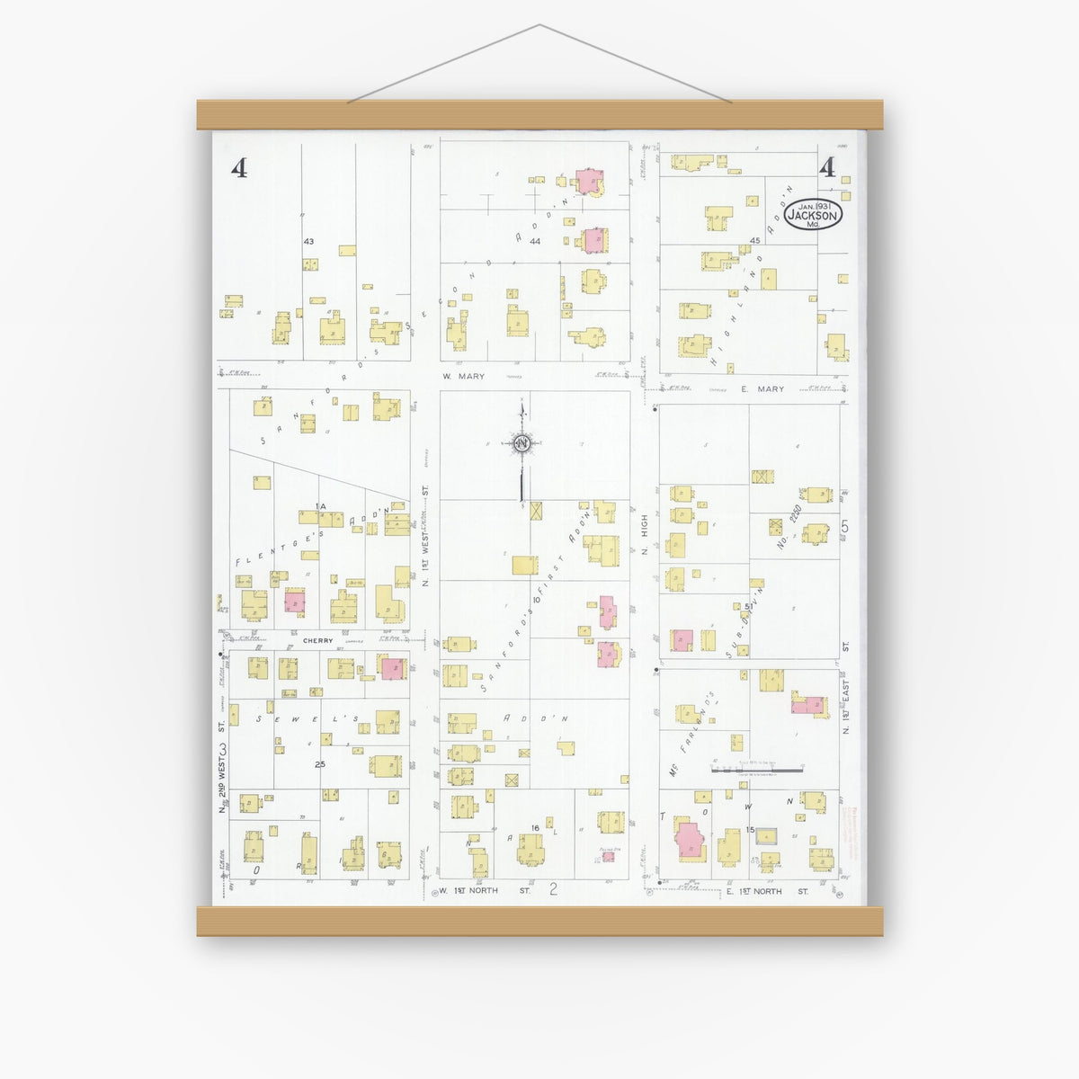 Old map wall art mockup — magnetic wood frame on white wall — Sanborn Fire Insurance Map from Jackson, Cape Girardeau County, Missouri (1931), Sheet #0004