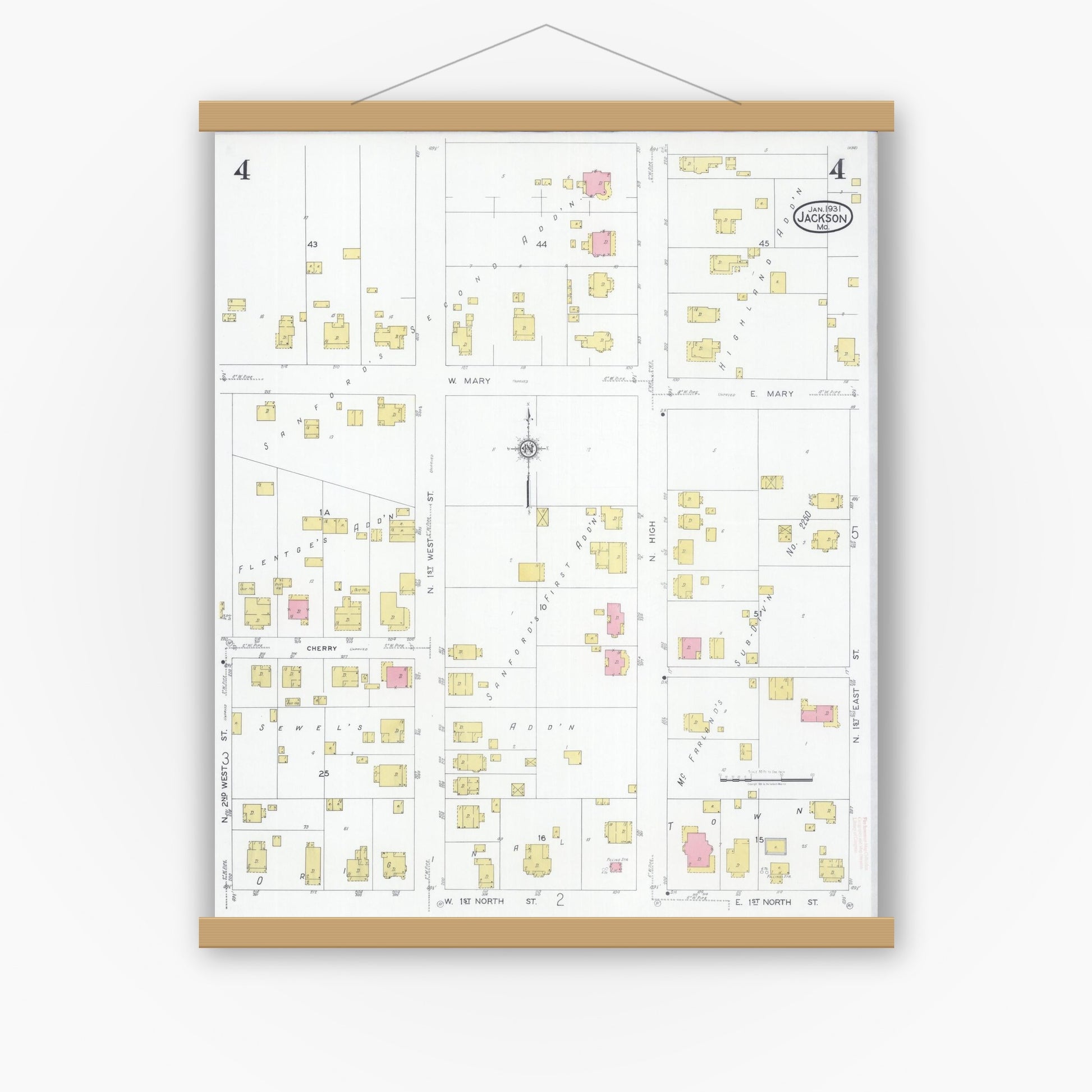 Old map wall art mockup — magnetic wood frame on white wall — Sanborn Fire Insurance Map from Jackson, Cape Girardeau County, Missouri (1931), Sheet #0004