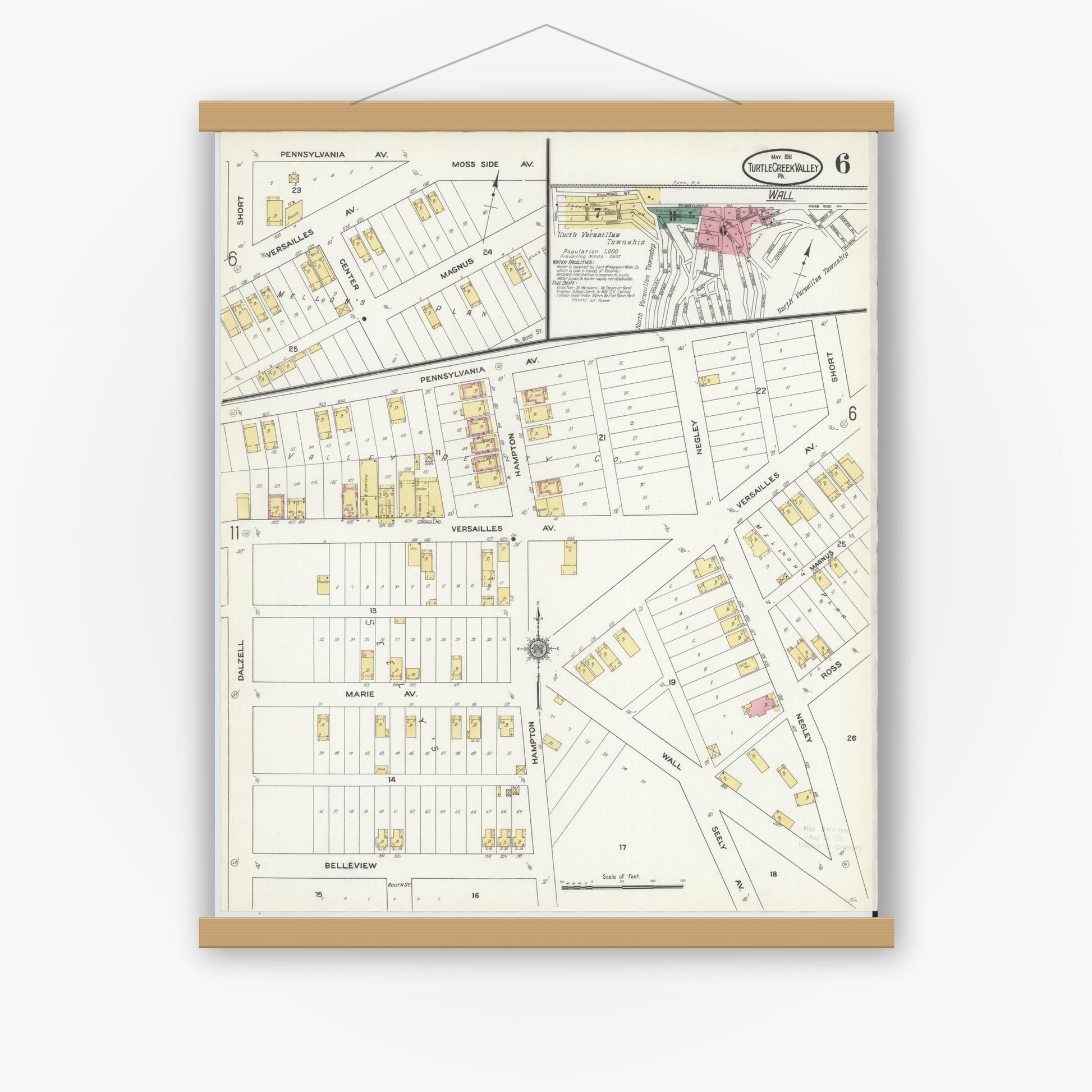 Old map wall art mockup — magnetic wood frame on white wall — Sanborn Fire Insurance Map from Turtle Creek Valley, Allegheny County, Pennsylvania (1911), Sheet #0006