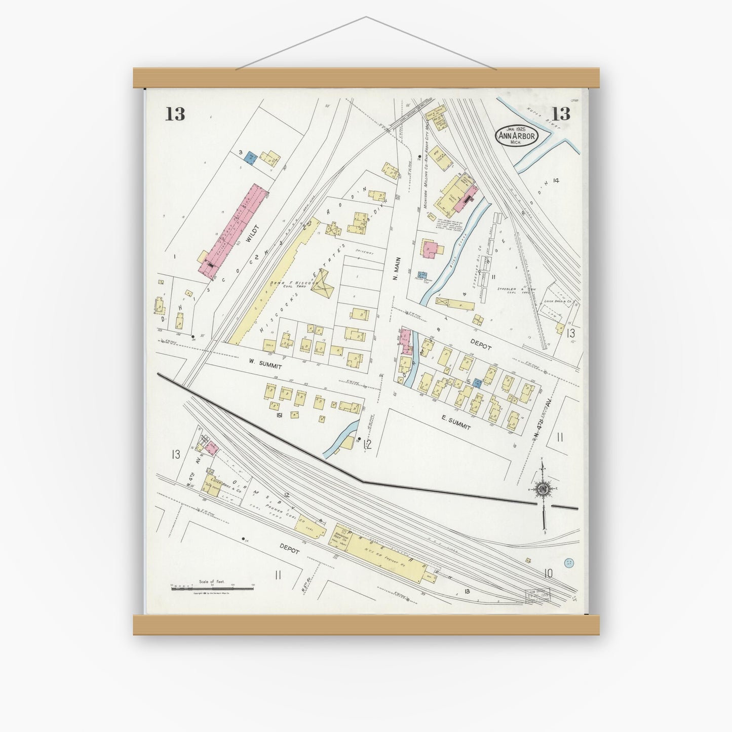 Old map wall art mockup — magnetic wood frame on white wall — Sanborn Fire Insurance Map from Ann Arbor, Washtenaw County, Michigan (1925), Sheet #0013