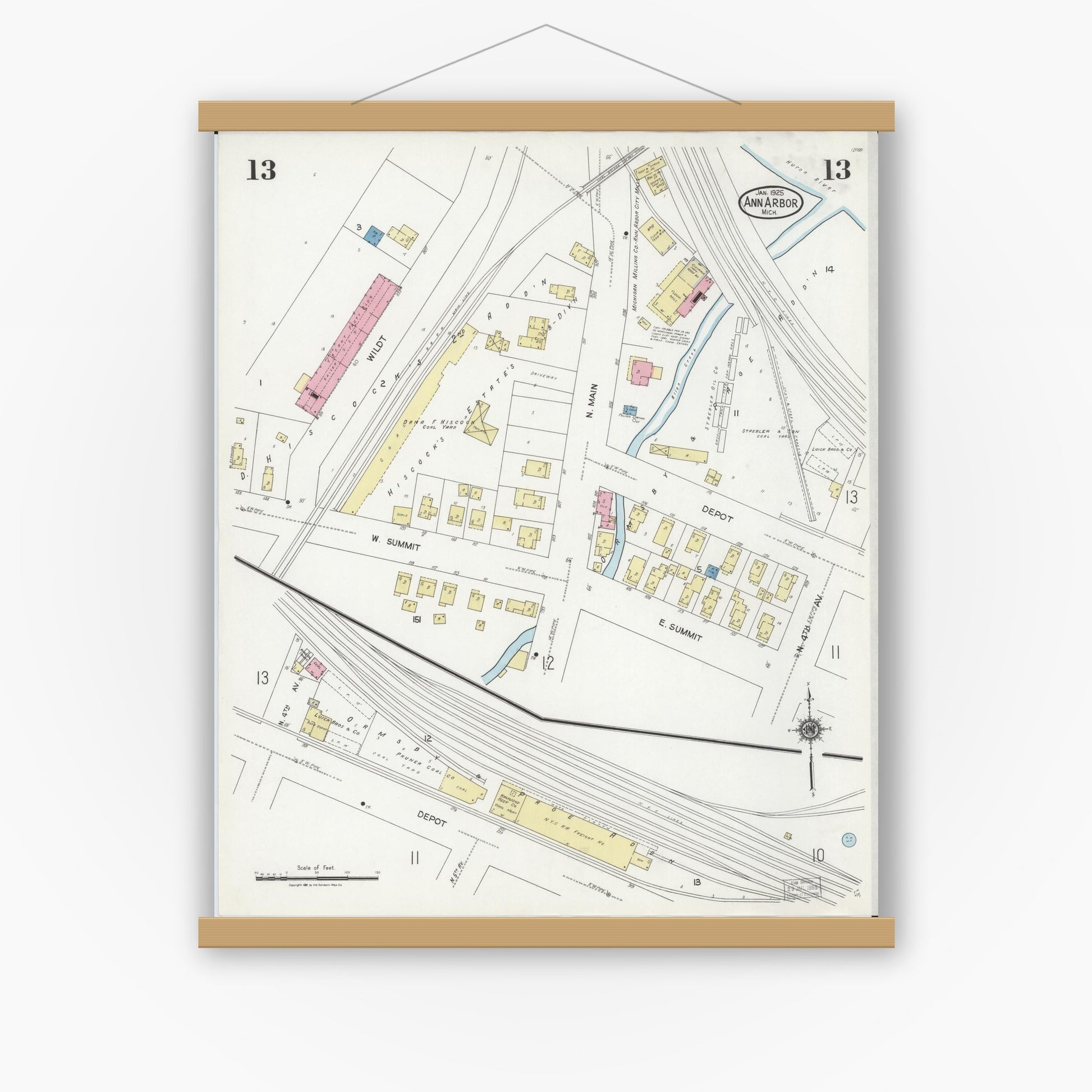 Old map wall art mockup — magnetic wood frame on white wall — Sanborn Fire Insurance Map from Ann Arbor, Washtenaw County, Michigan (1925), Sheet #0013