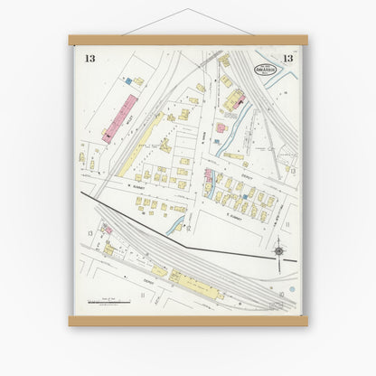 Old map wall art mockup — magnetic wood frame on white wall — Sanborn Fire Insurance Map from Ann Arbor, Washtenaw County, Michigan (1925), Sheet #0013