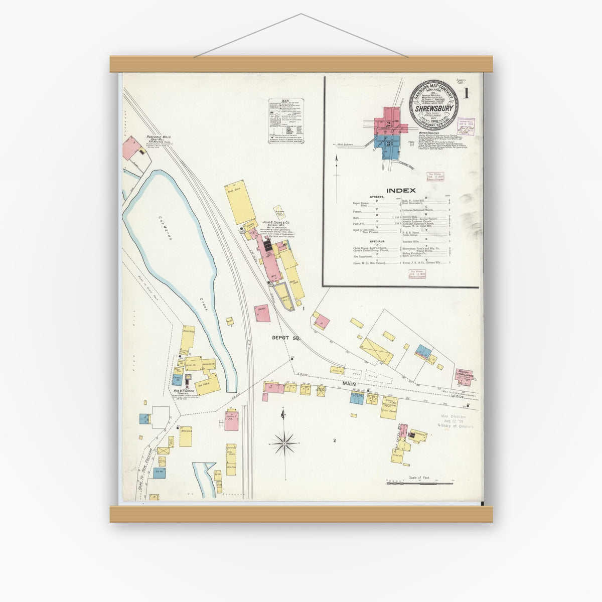 Old map wall art mockup — magnetic wood frame on white wall — Sanborn Fire Insurance Map from Shrewsbury, York County, Pennsylvania (1908) - Complete Map Set